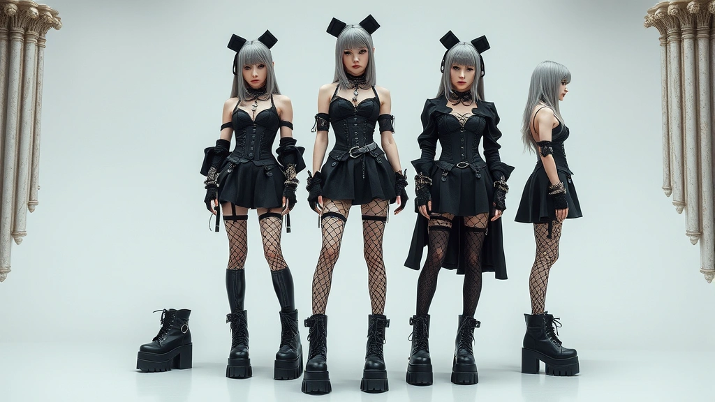 Full-body Visual Kei fashion look showcasing platform boots with buckles, layered black clothing with structured silhouettes, ornate accessories including chains and fingerless gloves, corset-style top, fishnet legwear, gothic architectural styling, complete outfit composition