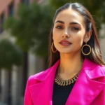 Young woman wearing vibrant magenta oversized blazer with gold statement jewelry, confident expression, natural daylight, urban setting, fashion-forward styling