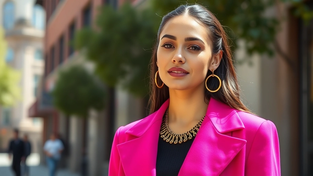 Young woman wearing vibrant magenta oversized blazer with gold statement jewelry, confident expression, natural daylight, urban setting, fashion-forward styling
