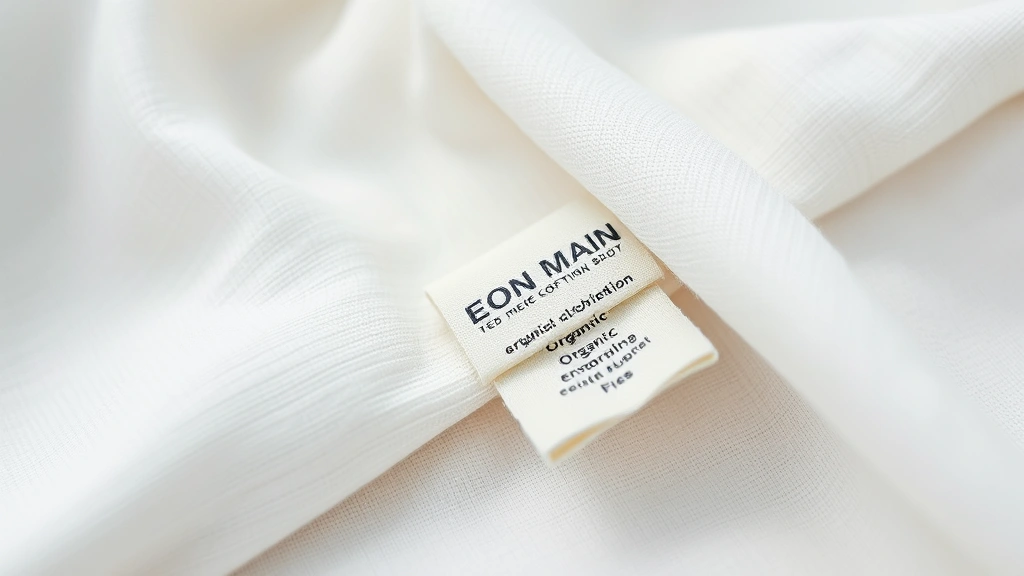 Close-up of luxury sustainable fashion details: organic cotton fabric texture, ethical brand tag, minimalist aesthetic, professional product photography style