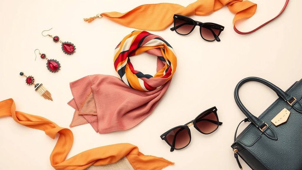 Fashion styling flat lay: colorful accessories including silk scarves, statement earrings, designer sunglasses, and quality handbags arranged artistically on neutral background