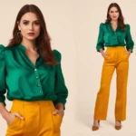 A woman wearing a jewel-toned emerald blouse with mustard-colored high-waisted trousers, standing confidently against a neutral backdrop, showcasing viva fashion color coordination and bold silhouette styling
