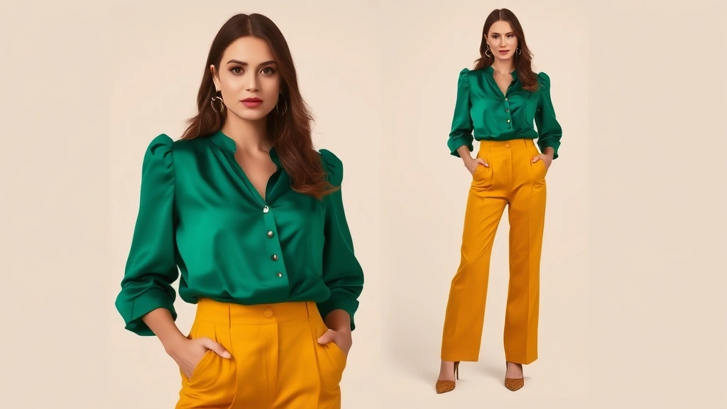 A woman wearing a jewel-toned emerald blouse with mustard-colored high-waisted trousers, standing confidently against a neutral backdrop, showcasing viva fashion color coordination and bold silhouette styling