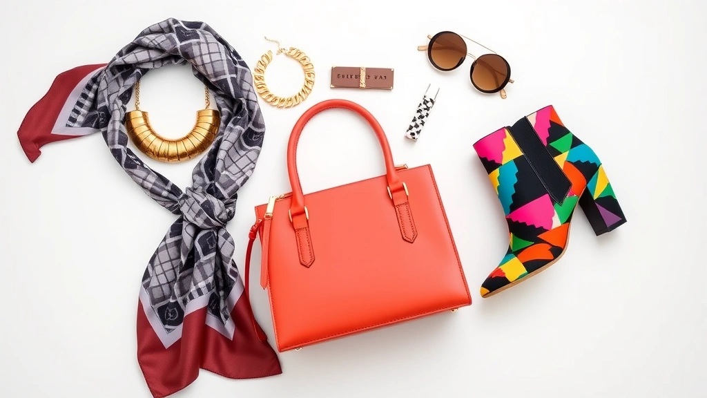 A flat-lay composition featuring viva fashion essentials: a patterned silk scarf, chunky gold jewelry, a vibrant coral structured bag, and colorful heeled boots arranged artistically on a light surface