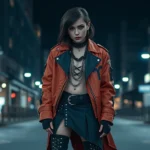 Young person wearing dramatic VKei outfit with oversized band jacket, asymmetrical silhouette, heavy dark makeup, platform boots, chains and studs, standing in moody lighting against urban backdrop