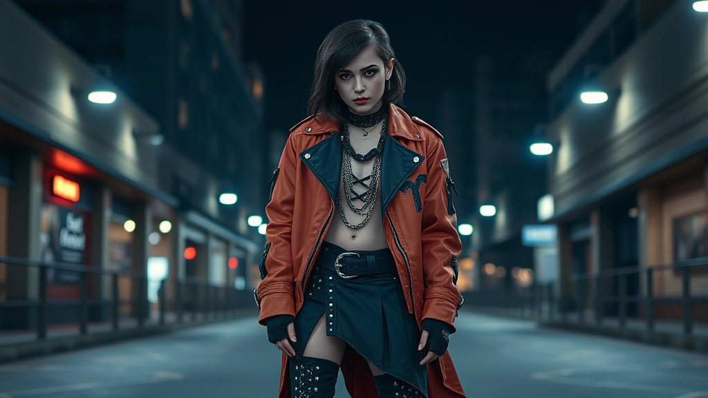 Young person wearing dramatic VKei outfit with oversized band jacket, asymmetrical silhouette, heavy dark makeup, platform boots, chains and studs, standing in moody lighting against urban backdrop