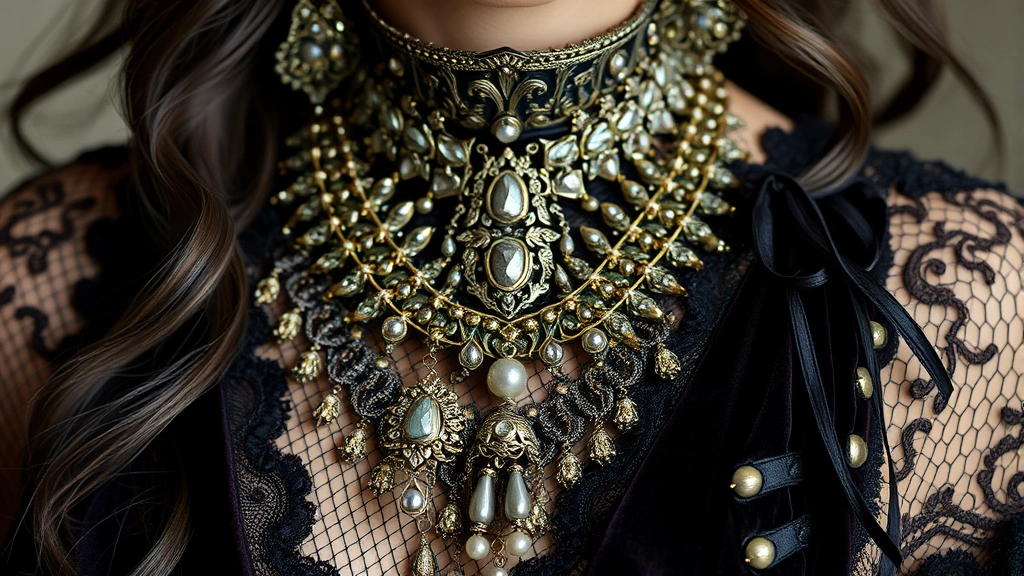 Close-up detail of VKei fashion styling showing layered mesh, ornate jewelry, studded accessories, textured fabrics including velvet and lace, intricate metallic hardware and decorative elements