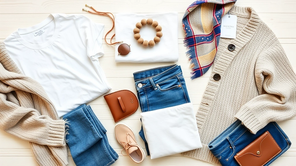 Flat lay of colorful Walmart fashion basics: folded white cotton tees, blue denim jeans, neutral cardigans, and accessories arranged artfully on light wooden surface, lifestyle photography style