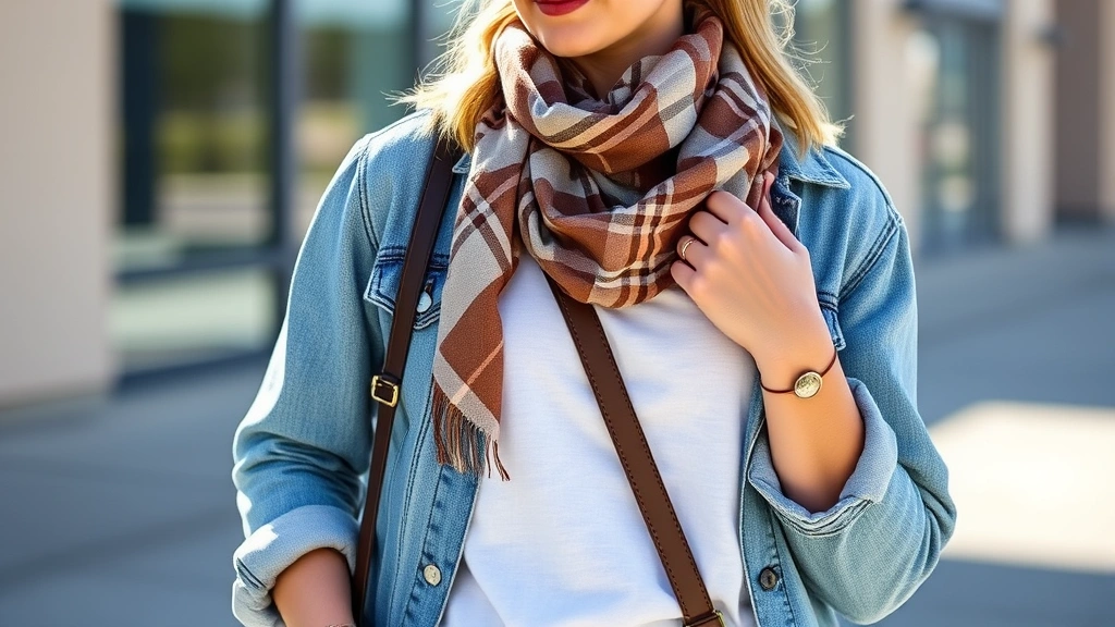 Woman styling casual outfit with Walmart pieces: pairing basic white tee with patterned scarf, denim jacket, and crossbody bag, demonstrating layering technique in bright natural light, fashion editorial aesthetic