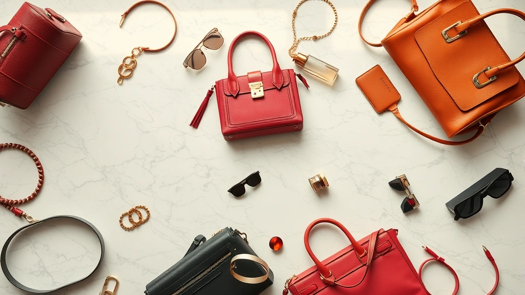 Overhead view of luxury designer handbags and accessories arranged on marble surface, soft natural lighting, high-end fashion photography style, colorful designer pieces from various brands, sophisticated styling