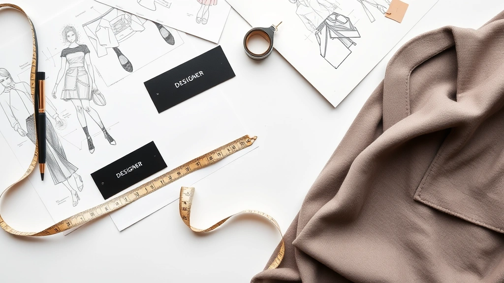 Flat lay of designer clothing tags and fabric swatches with measuring tape, fashion sketches, and luxury garment samples arranged artistically on white background, professional fashion industry photography