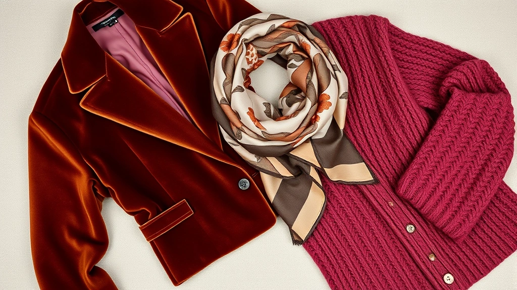 Luxurious fall fashion flat lay featuring layered textures: velvet blazer, patterned silk scarf, chunky knit cardigan in warm neutrals and jewel tones, styled artfully on neutral background