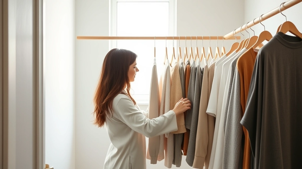 Woman organizing minimalist closet with neutral-toned clothing neatly arranged on wooden hangers, natural daylight streaming through window, serene and organized aesthetic