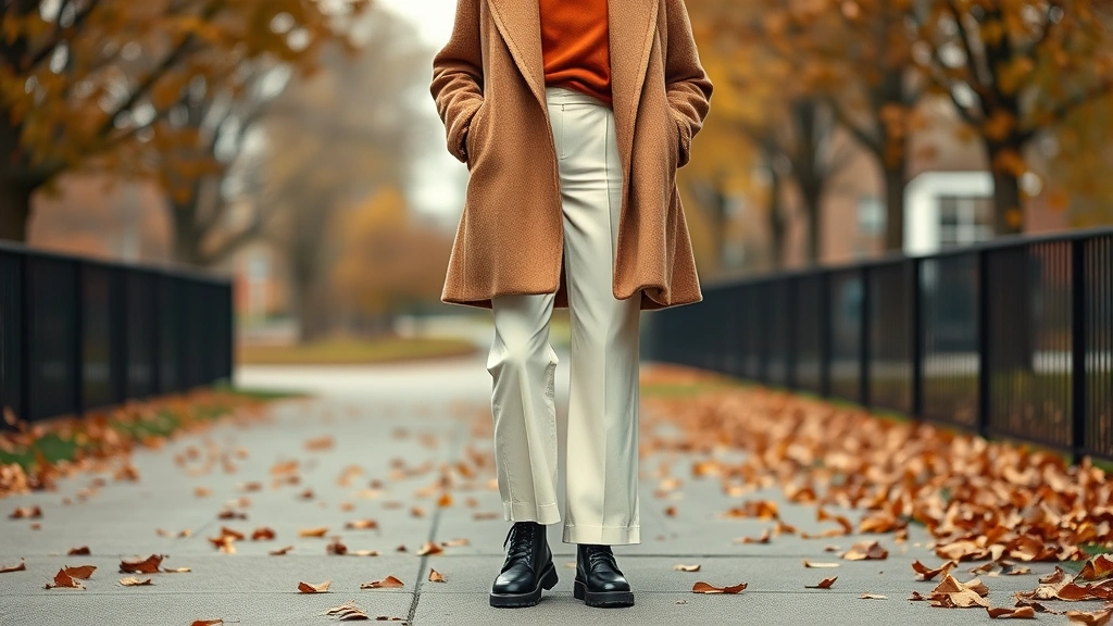 Model wearing oversized camel wool coat over terracotta turtleneck and cream wide-leg trousers, photographed from waist down showing statement black combat boots, outdoor autumn setting