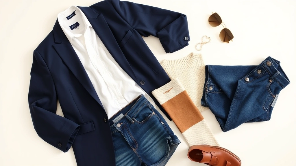 Flatlay of coordinating wardrobe basics including white button-down, navy blazer, well-fitted jeans, neutral sweater, and accessories arranged on light background