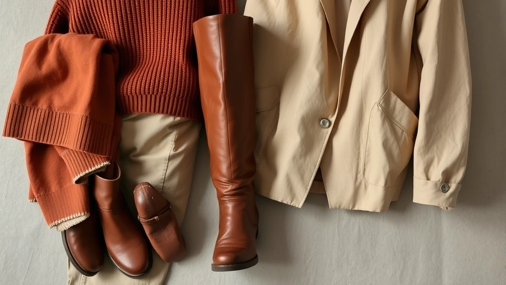 Vintage leather knee-high boots in cognac brown paired with earth-tone capsule wardrobe pieces: rust-colored sweater, beige trousers, sustainable linen jacket arranged in styled composition