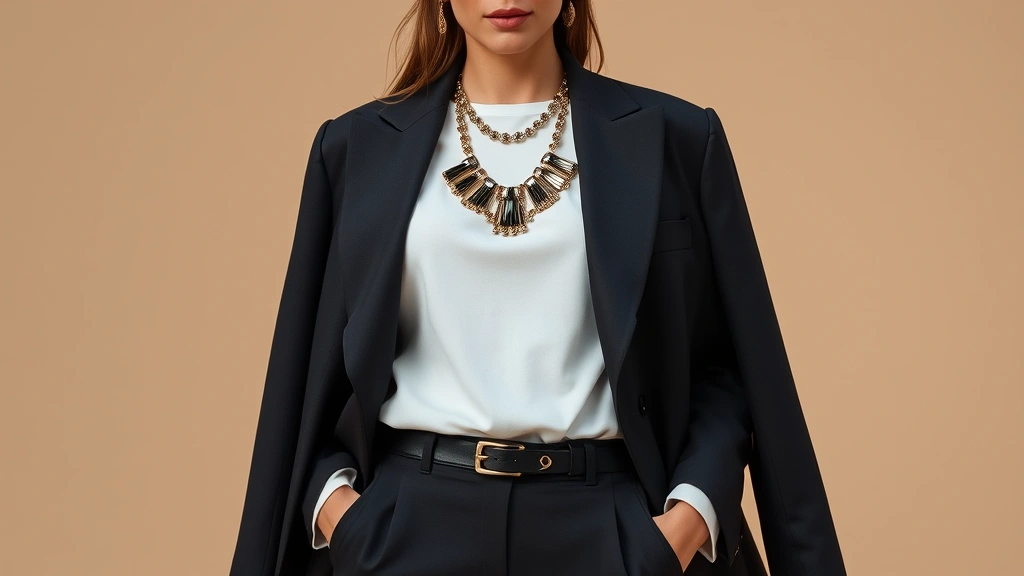 Stylish woman wearing layered outfit combining oversized blazer with fitted trousers and statement jewelry, demonstrating modern styling versatility and proportional balance