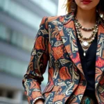 A fashion-forward person wearing a bold patterned blazer layered with complementary textures, statement jewelry, and vintage accessories, standing confidently against a neutral urban backdrop