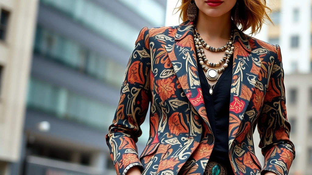 A fashion-forward person wearing a bold patterned blazer layered with complementary textures, statement jewelry, and vintage accessories, standing confidently against a neutral urban backdrop
