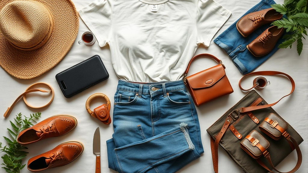 Overhead flat lay arrangement of sustainable fashion items including organic cotton basics, recycled denim, eco-friendly leather accessories, and vintage thrifted pieces artfully composed