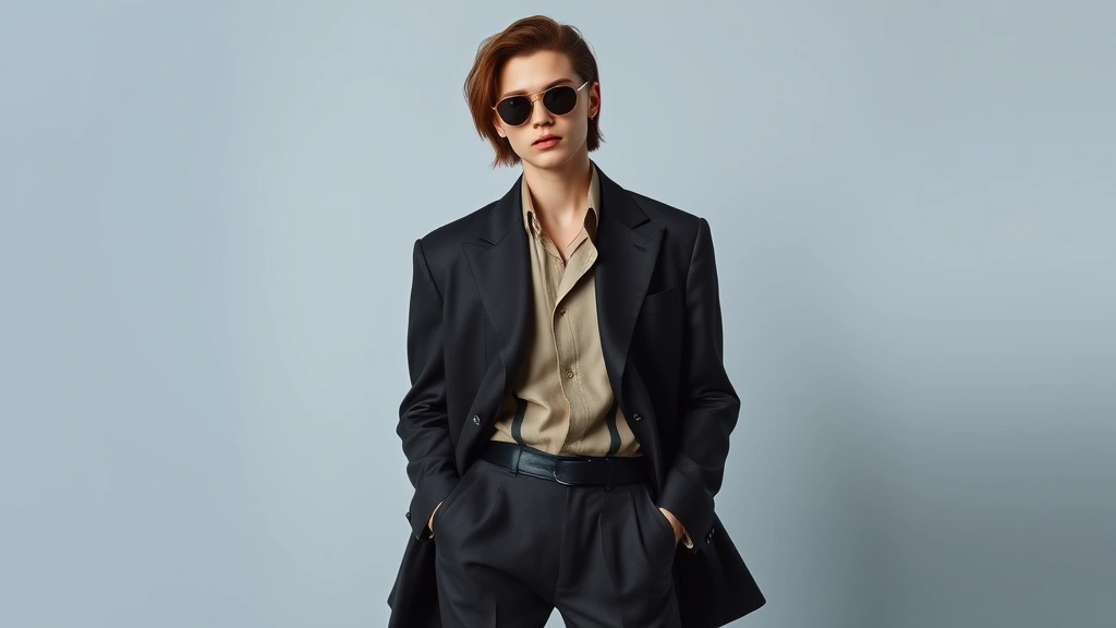 A stylish individual wearing gender-fluid silhouette clothing including oversized tailoring, flowing fabrics, and mixed-gender styling elements, showcasing modern inclusive fashion expression