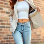 Young woman wearing low-rise light-wash jeans with fitted white crop top and oversized blazer, showing whale tail detail, standing against urban brick wall in natural daylight, confident pose, contemporary street style aesthetic