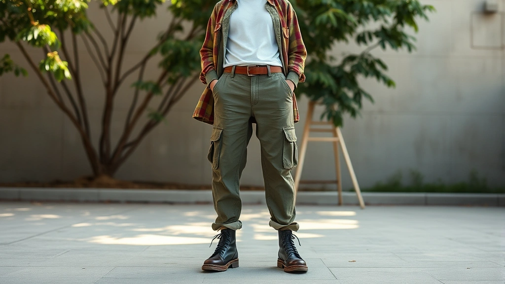 Full-body shot of fashion model wearing vintage-inspired low-rise cargo pants with baby tee and open shirt layer, whale tail styling integrated into complete Y2K-inspired outfit, natural lighting, editorial quality fashion photography
