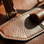 Close-up of luxury handbag craftsmanship showing fine stitching details, premium leather texture, and metal hardware in natural light, high-end fashion photography style