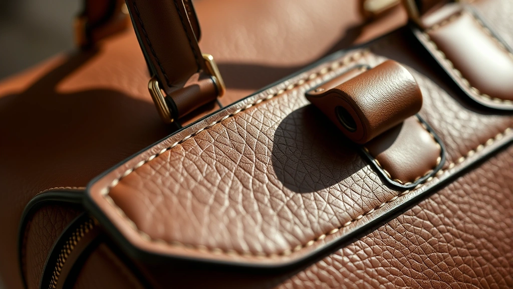 Close-up of luxury handbag craftsmanship showing fine stitching details, premium leather texture, and metal hardware in natural light, high-end fashion photography style