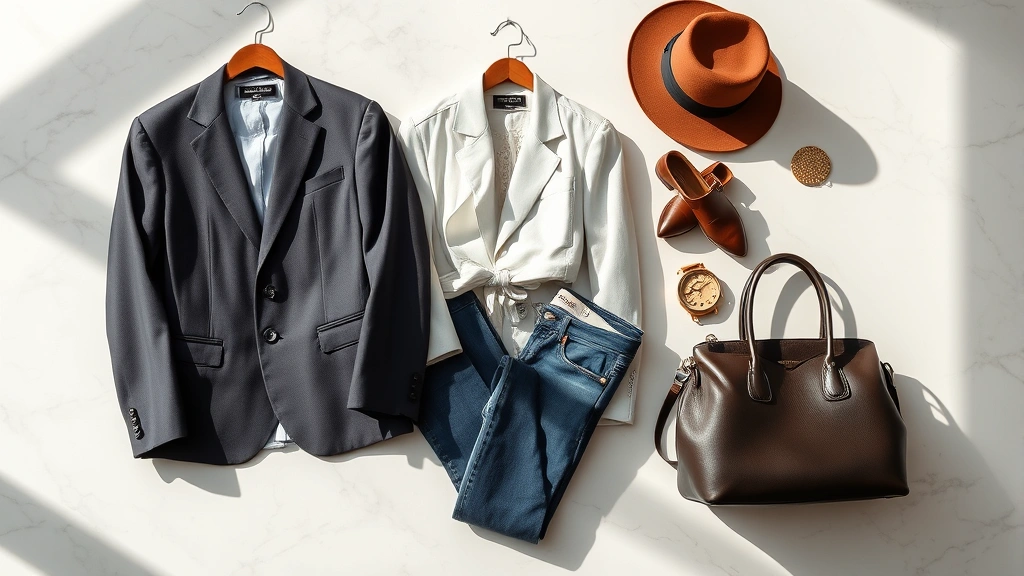 Elegant designer wardrobe display featuring classic tailored blazer, quality denim, luxury handbag, and accessories arranged on marble surface with soft shadows