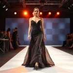Professional fashion model walking down illuminated runway in dramatic designer gown, backstage preparation area with makeup artists and stylists, vibrant stage lighting and audience silhouettes in background, high-fashion photography style