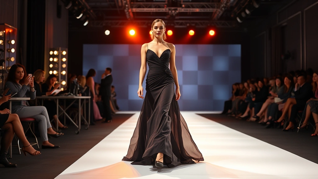 Professional fashion model walking down illuminated runway in dramatic designer gown, backstage preparation area with makeup artists and stylists, vibrant stage lighting and audience silhouettes in background, high-fashion photography style