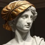 Renaissance marble statue with strategically placed bronze fig leaf covering, classical sculptural style, museum lighting, artistic detail, elegant composition, photorealistic