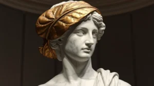 Renaissance marble statue with strategically placed bronze fig leaf covering, classical sculptural style, museum lighting, artistic detail, elegant composition, photorealistic