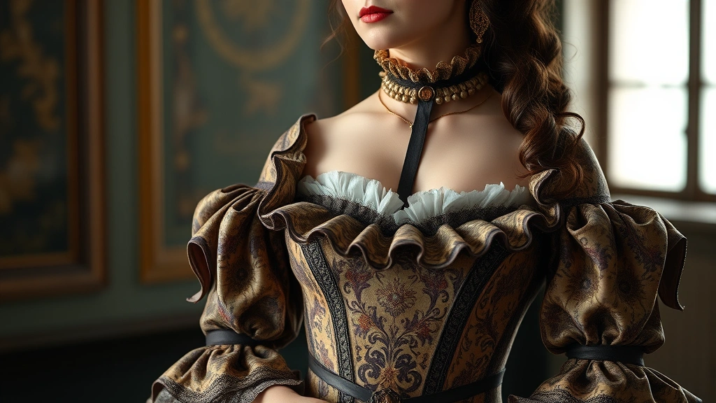 Victorian era woman wearing elaborate layered dress with high neckline and long sleeves, ornate fabric patterns, historical fashion accuracy, refined posture, natural lighting, period-appropriate styling