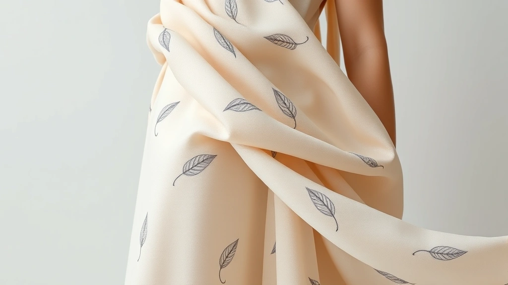 Contemporary minimalist fashion design featuring subtle leaf motifs on elegant draped fabric, modern aesthetic, sophisticated color palette, artistic textile detail, professional photography, clean composition