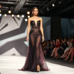 Luxury fashion show runway with elegant model wearing haute couture gown, dramatic lighting, professional photography, high-end fashion event atmosphere, backstage sophistication