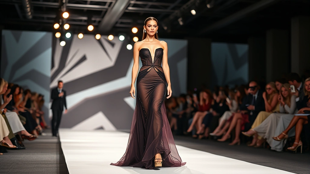 Luxury fashion show runway with elegant model wearing haute couture gown, dramatic lighting, professional photography, high-end fashion event atmosphere, backstage sophistication