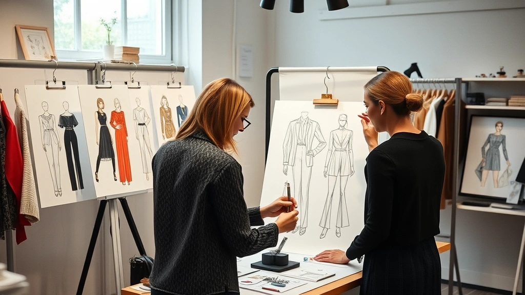 Fashion designer sketching collection designs at workspace, creative inspiration mood, professional fashion atelier environment, design process documentation, artistic fashion creativity