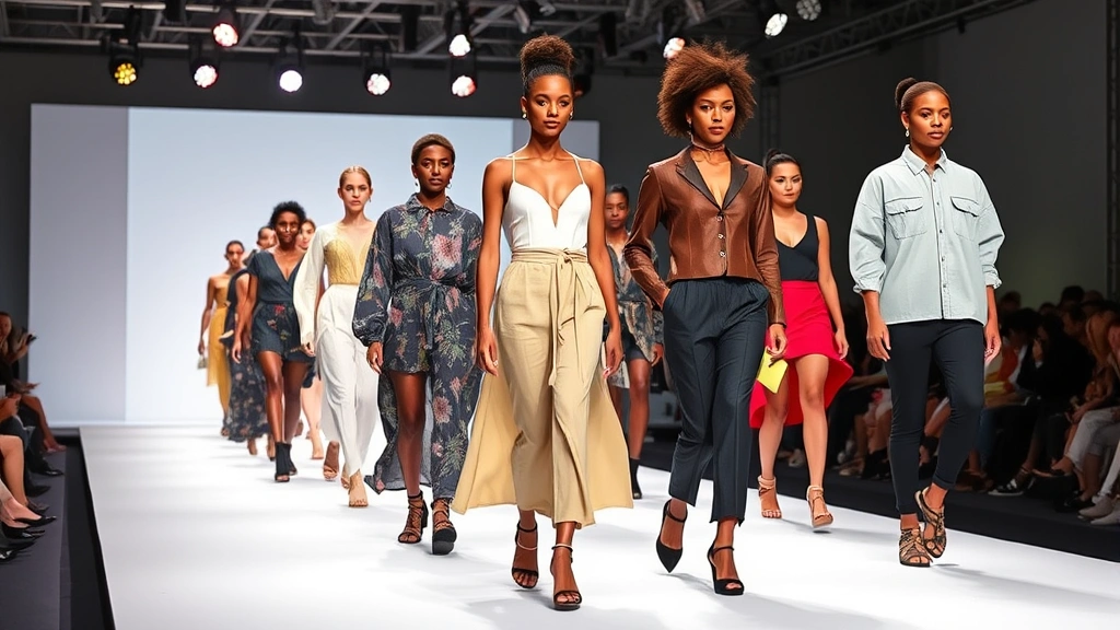 Diverse fashion models walking runway in contemporary designer clothing, modern fashion week presentation, theatrical stage lighting, diverse body types and ethnicities, professional fashion photography