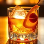 Crystal rocks glass filled with amber Old Fashioned cocktail, large clear ice cube, cherry and orange slice garnish, warm golden lighting reflecting through the glass