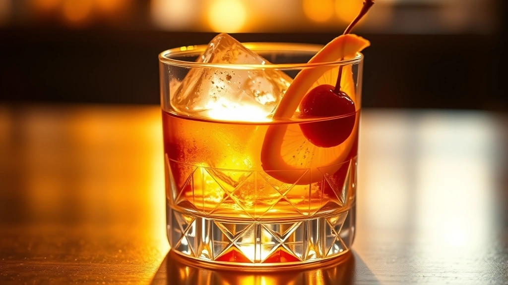 Crystal rocks glass filled with amber Old Fashioned cocktail, large clear ice cube, cherry and orange slice garnish, warm golden lighting reflecting through the glass