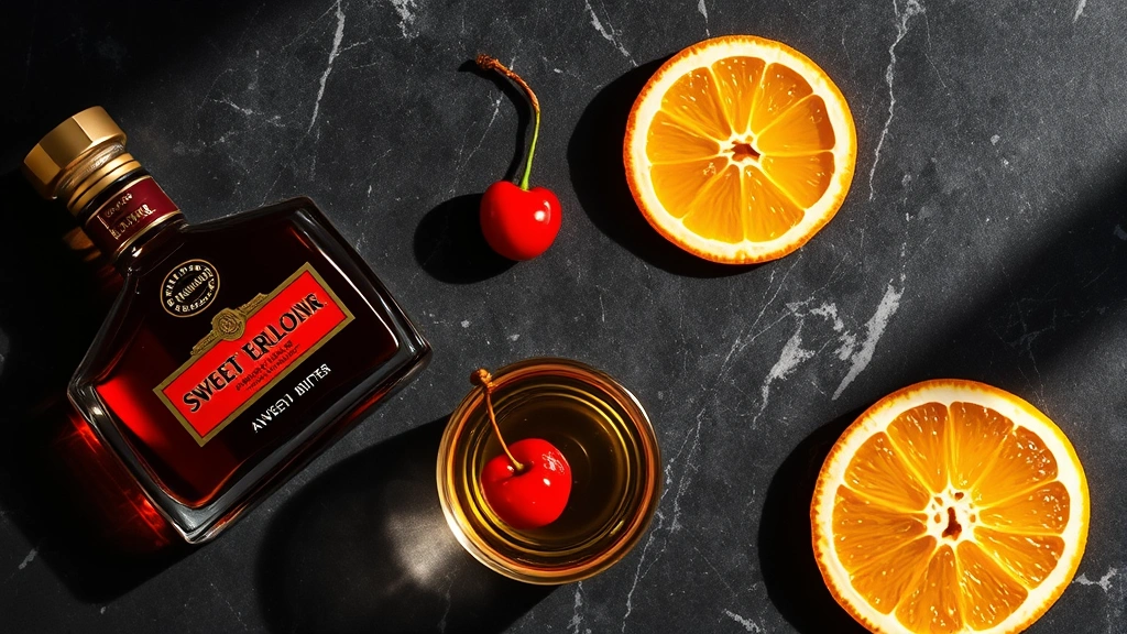 Overhead flat lay of premium brandy bottle, sweet vermouth, Angostura bitters, fresh Luxardo cherry, and orange slice on dark marble surface with soft shadows