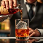 Professional bartender pouring brandy into rocks glass with large ice cube, elegant bar setting with warm lighting, sophisticated cocktail preparation