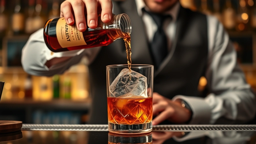 Professional bartender pouring brandy into rocks glass with large ice cube, elegant bar setting with warm lighting, sophisticated cocktail preparation