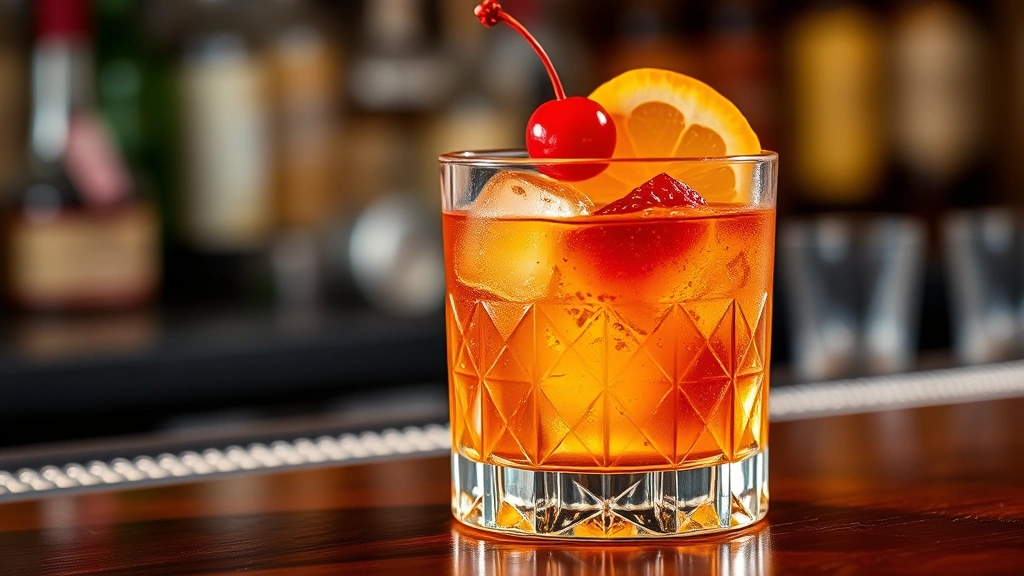 Wisconsin Old Fashioned cocktail in crystal rocks glass with orange wheel and cherry garnish, amber liquid with ice, professional bar photography