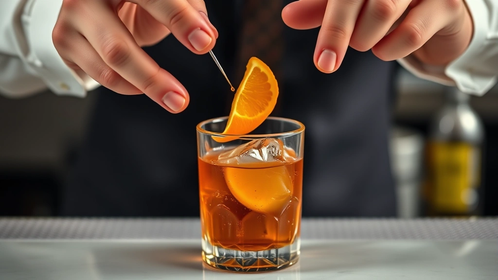 Hands expressing orange peel oils over Old Fashioned drink, close-up cocktail preparation, citrus oils misting over glass, professional bartending technique demonstration
