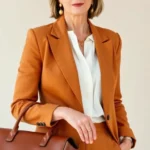 Elegant woman over 50 wearing camel tailored blazer with white silk blouse, gold jewelry, holding structured leather handbag, neutral background, natural lighting, professional fashion photography