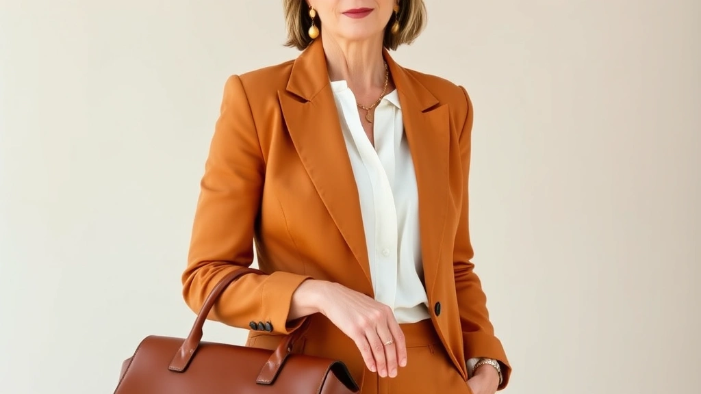 Elegant woman over 50 wearing camel tailored blazer with white silk blouse, gold jewelry, holding structured leather handbag, neutral background, natural lighting, professional fashion photography