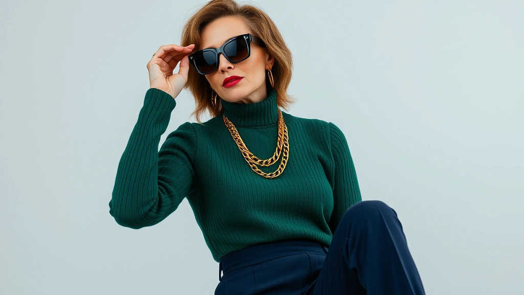 Mature woman in jewel-tone emerald sweater and navy tailored trousers, oversized sunglasses, layered gold necklaces, confident pose, minimalist backdrop, editorial fashion styling